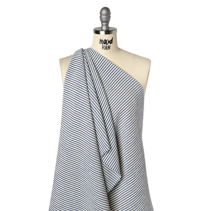 Polyester and Rayon Seersucker - Dusty Denim Blue and White Candy Stripes - Deadstock