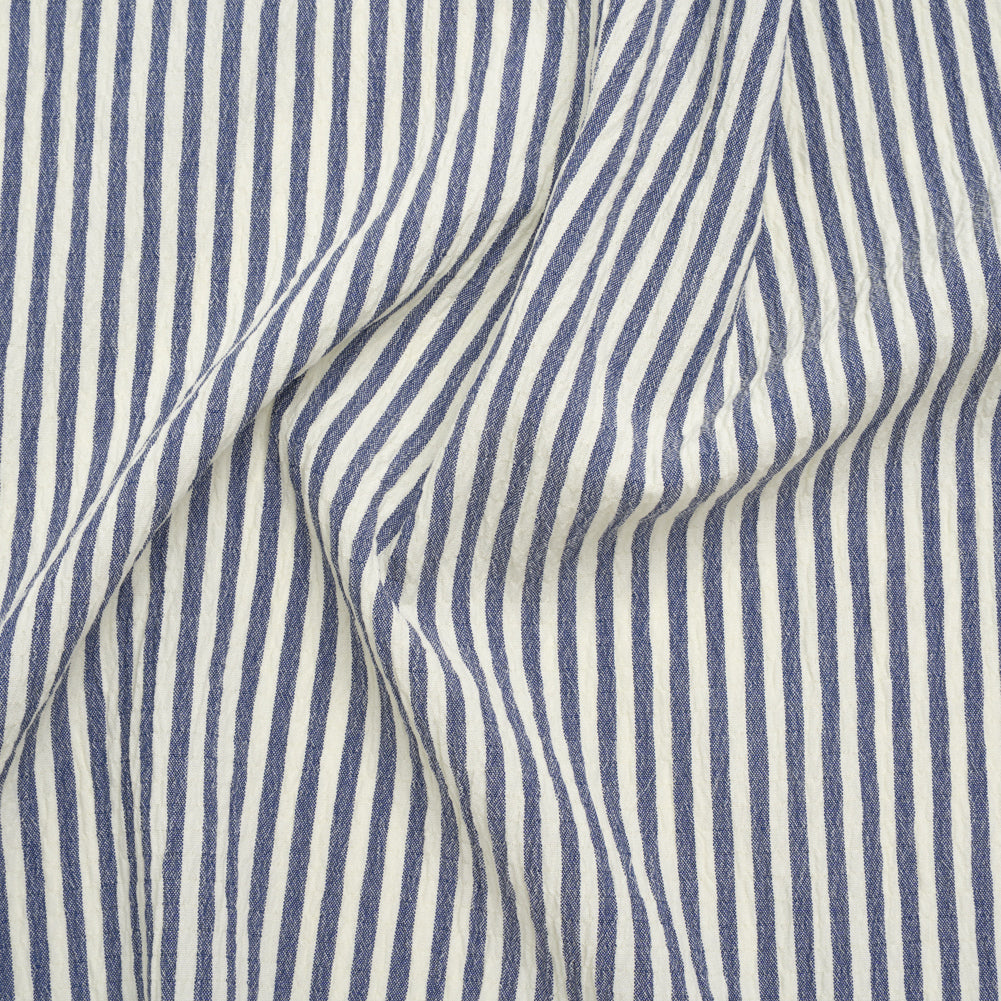 Polyester and Rayon Seersucker - Dusty Denim Blue and White Candy Stripes - Deadstock