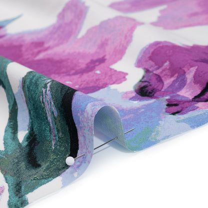 Stretch Cotton Sateen Panel - Orchid Purple, Periwinkle Blue and Green Watercolor Floral - Designer Deadstock
