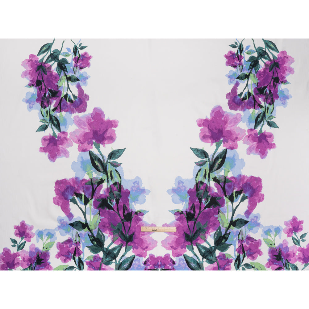 Stretch Cotton Sateen Panel - Orchid Purple, Periwinkle Blue and Green Watercolor Floral - Designer Deadstock - Full