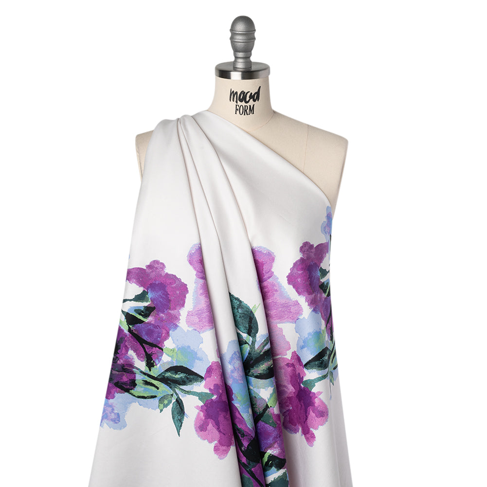 Stretch Cotton Sateen Panel - Orchid Purple, Periwinkle Blue and Green Watercolor Floral - Designer Deadstock - Drape