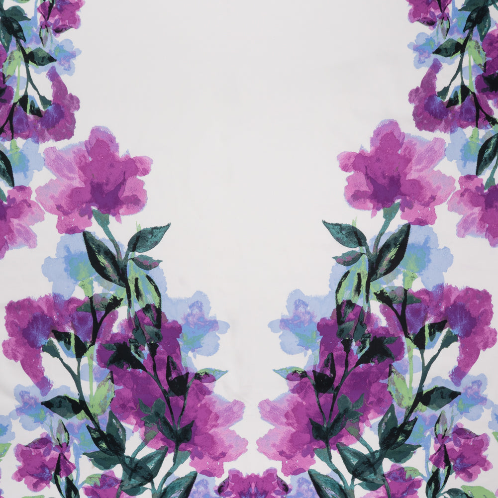 Stretch Cotton Sateen Panel - Orchid Purple, Periwinkle Blue and Green Watercolor Floral - Designer Deadstock