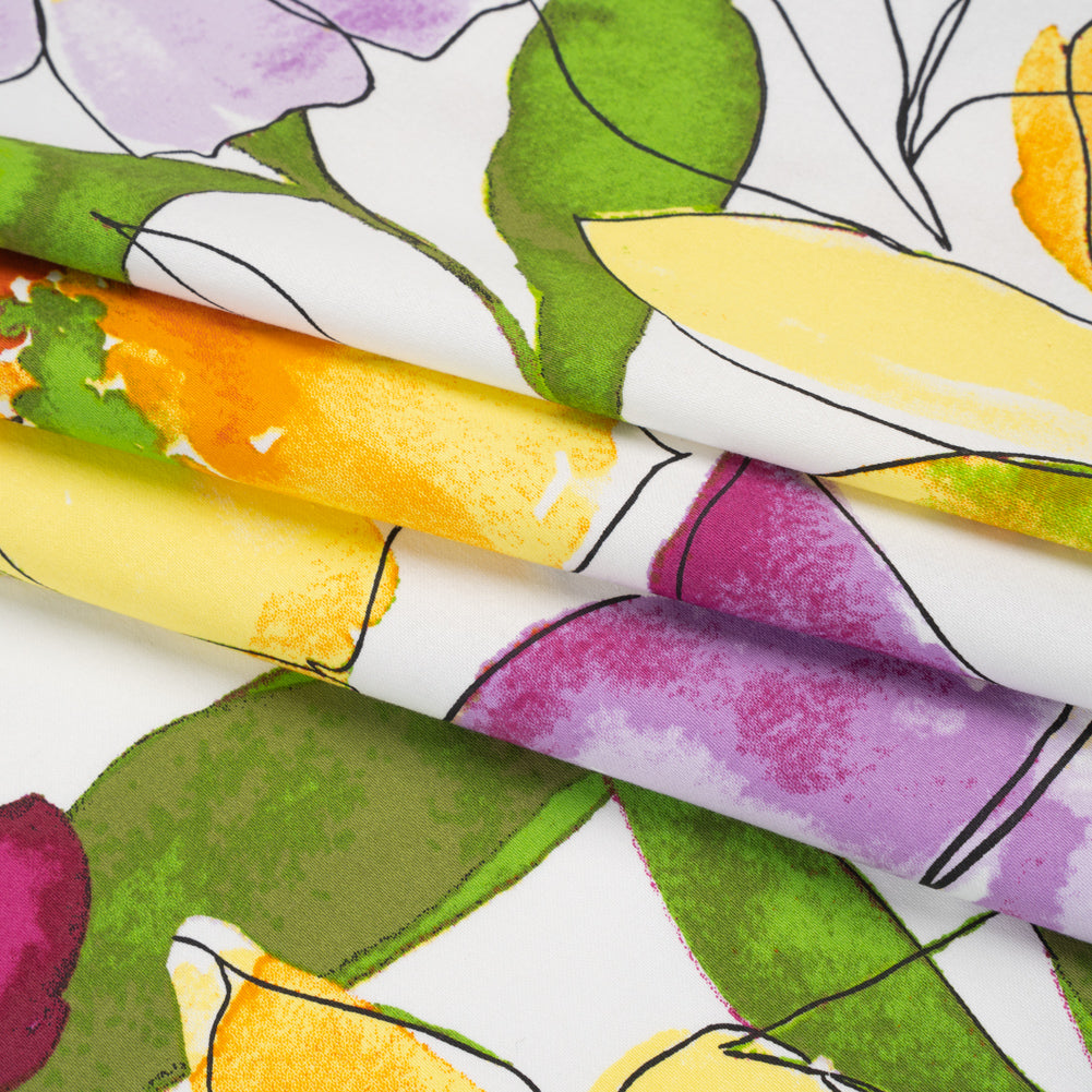 Stretch Cotton Sateen Panel - Amber Orange, Magenta Purple and Sunny Yellow Watercolor Floral - Designer Deadstock - Folded