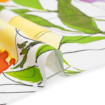 Stretch Cotton Sateen Panel - Amber Orange, Magenta Purple and Sunny Yellow Watercolor Floral - Designer Deadstock
