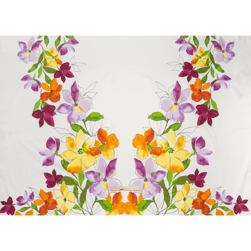 Stretch Cotton Sateen Panel - Amber Orange, Magenta Purple and Sunny Yellow Watercolor Floral - Designer Deadstock - Full