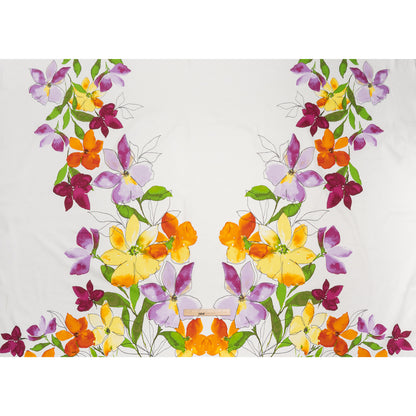 Stretch Cotton Sateen Panel - Amber Orange, Magenta Purple and Sunny Yellow Watercolor Floral - Designer Deadstock