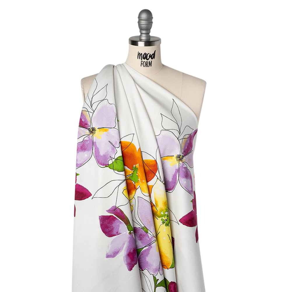 Stretch Cotton Sateen Panel - Amber Orange, Magenta Purple and Sunny Yellow Watercolor Floral - Designer Deadstock - Drape