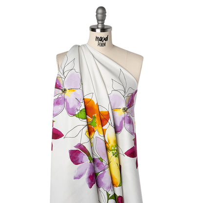 Stretch Cotton Sateen Panel - Amber Orange, Magenta Purple and Sunny Yellow Watercolor Floral - Designer Deadstock
