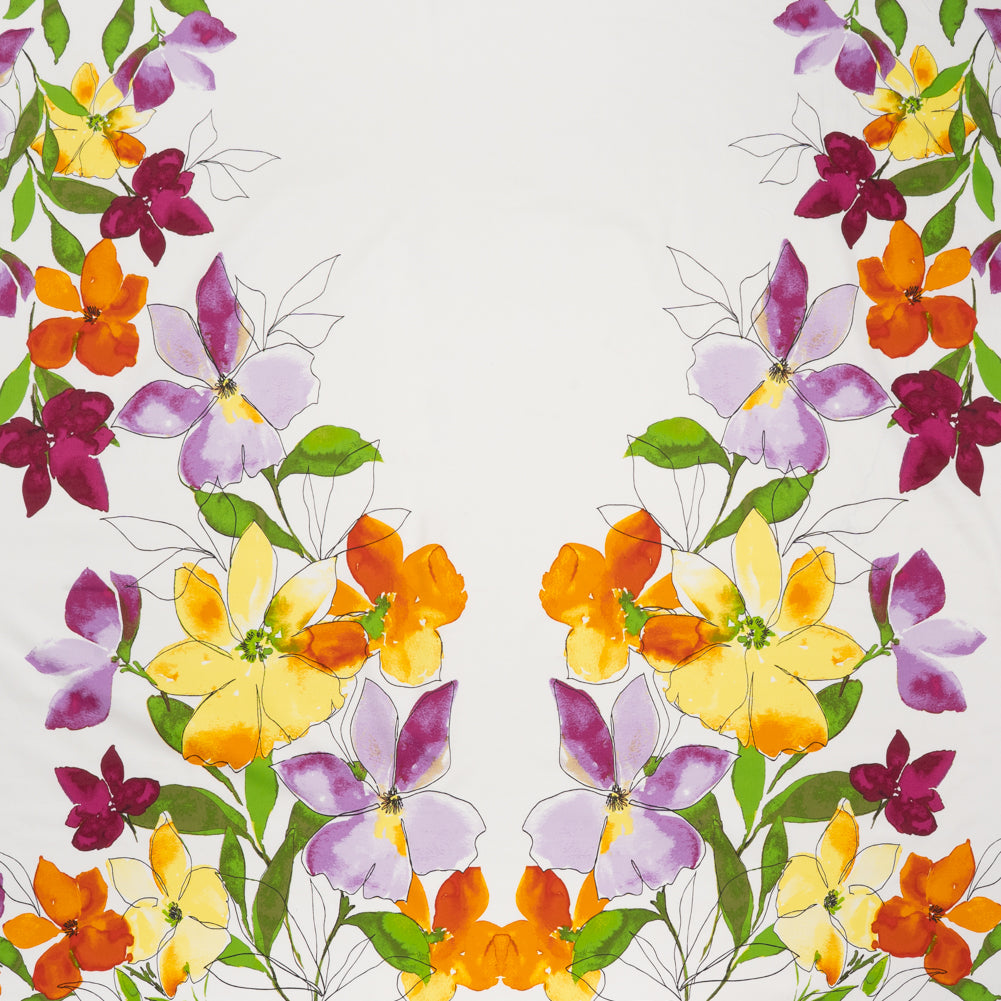 Stretch Cotton Sateen Panel - Amber Orange, Magenta Purple and Sunny Yellow Watercolor Floral - Designer Deadstock