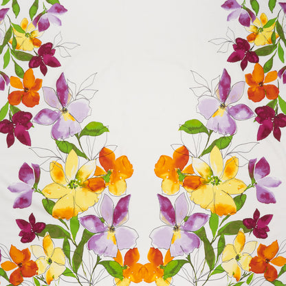 Stretch Cotton Sateen Panel - Amber Orange, Magenta Purple and Sunny Yellow Watercolor Floral - Designer Deadstock