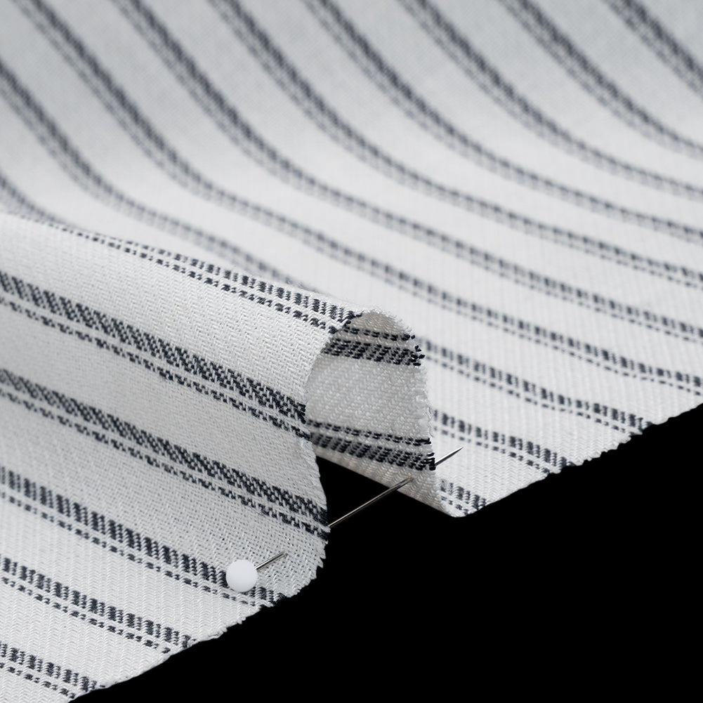 Loose Cotton Twill - Navy Blue and Natural White Balanced Stripes - Designer Deadstock - Detail