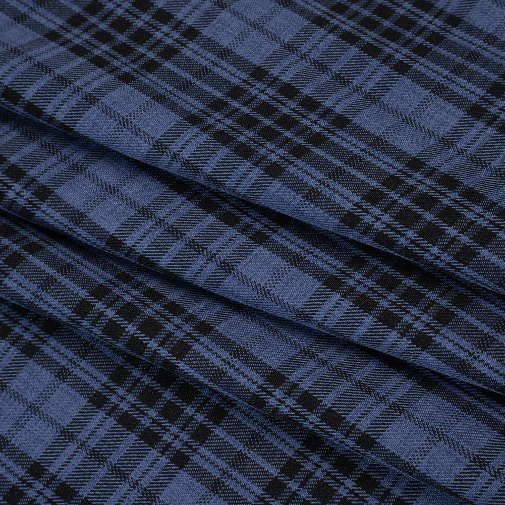 Polyester Twill - Denim Blue and Black Tartan Plaid - Deadstock - Folded