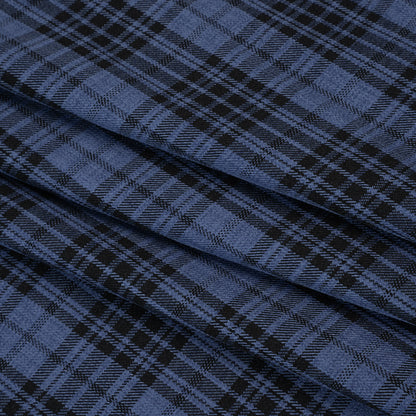 Polyester Twill - Denim Blue and Black Tartan Plaid - Deadstock