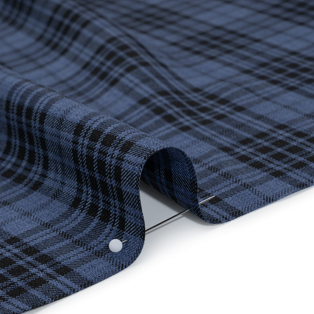 Polyester Twill - Denim Blue and Black Tartan Plaid - Deadstock - Detail