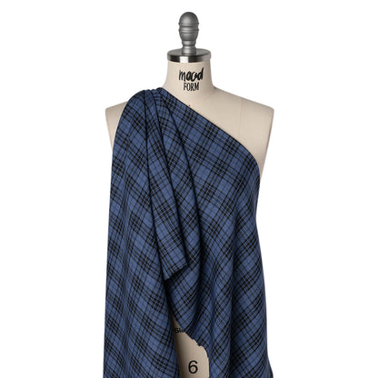 Polyester Twill - Denim Blue and Black Tartan Plaid - Deadstock