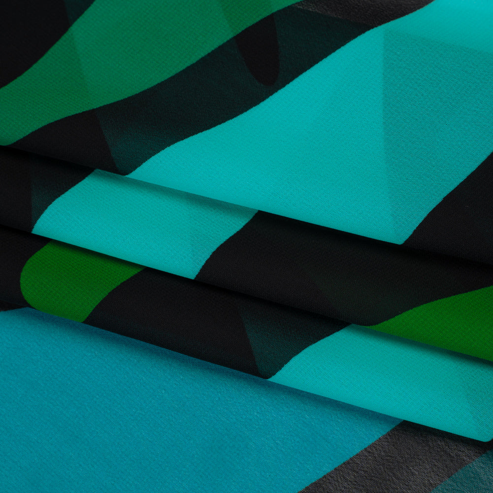 Polyester Chiffon Print - Aqua Blue, Kelly Green and Black Abstract Shapes - Designer Deadstock - Folded