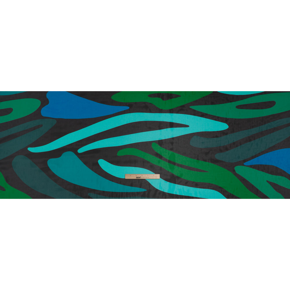 Polyester Chiffon Print - Aqua Blue, Kelly Green and Black Abstract Shapes - Designer Deadstock - Full