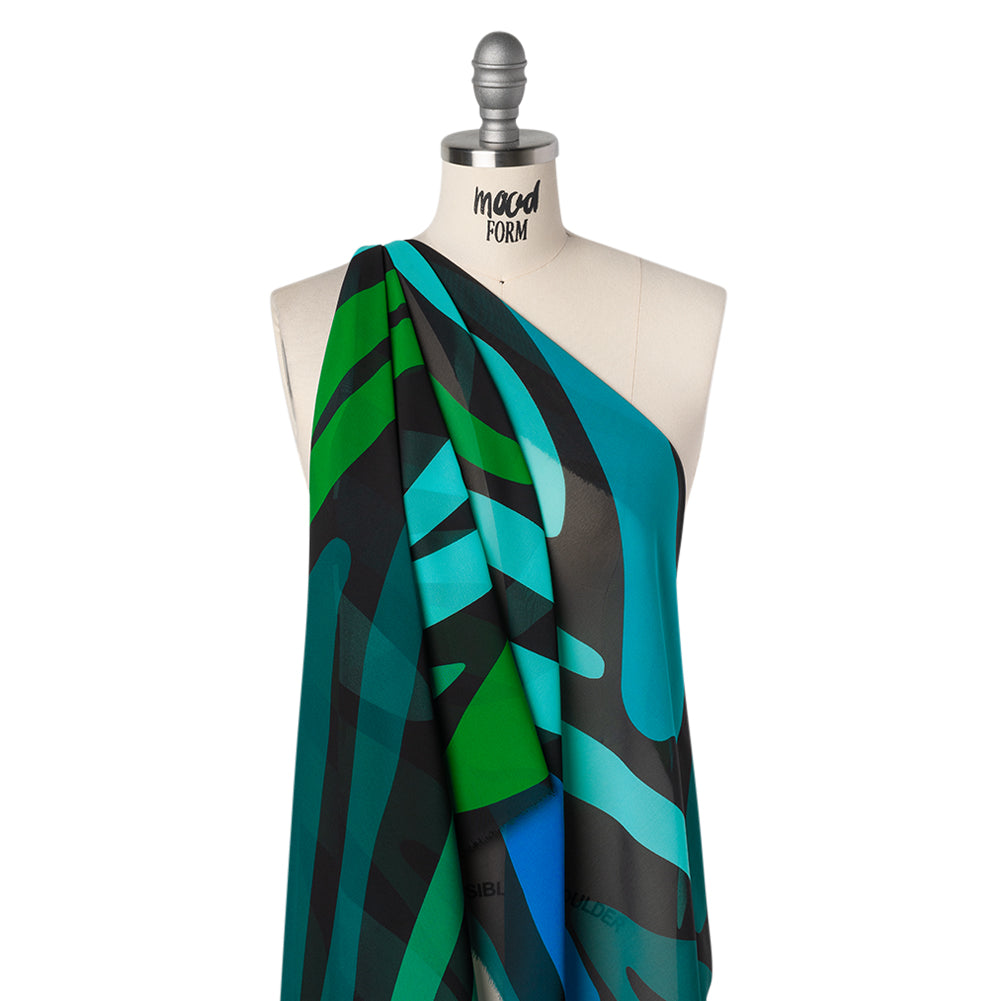 Polyester Chiffon Print - Aqua Blue, Kelly Green and Black Abstract Shapes - Designer Deadstock - Drape