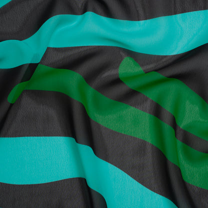 Polyester Chiffon Print - Aqua Blue, Kelly Green and Black Abstract Shapes - Designer Deadstock