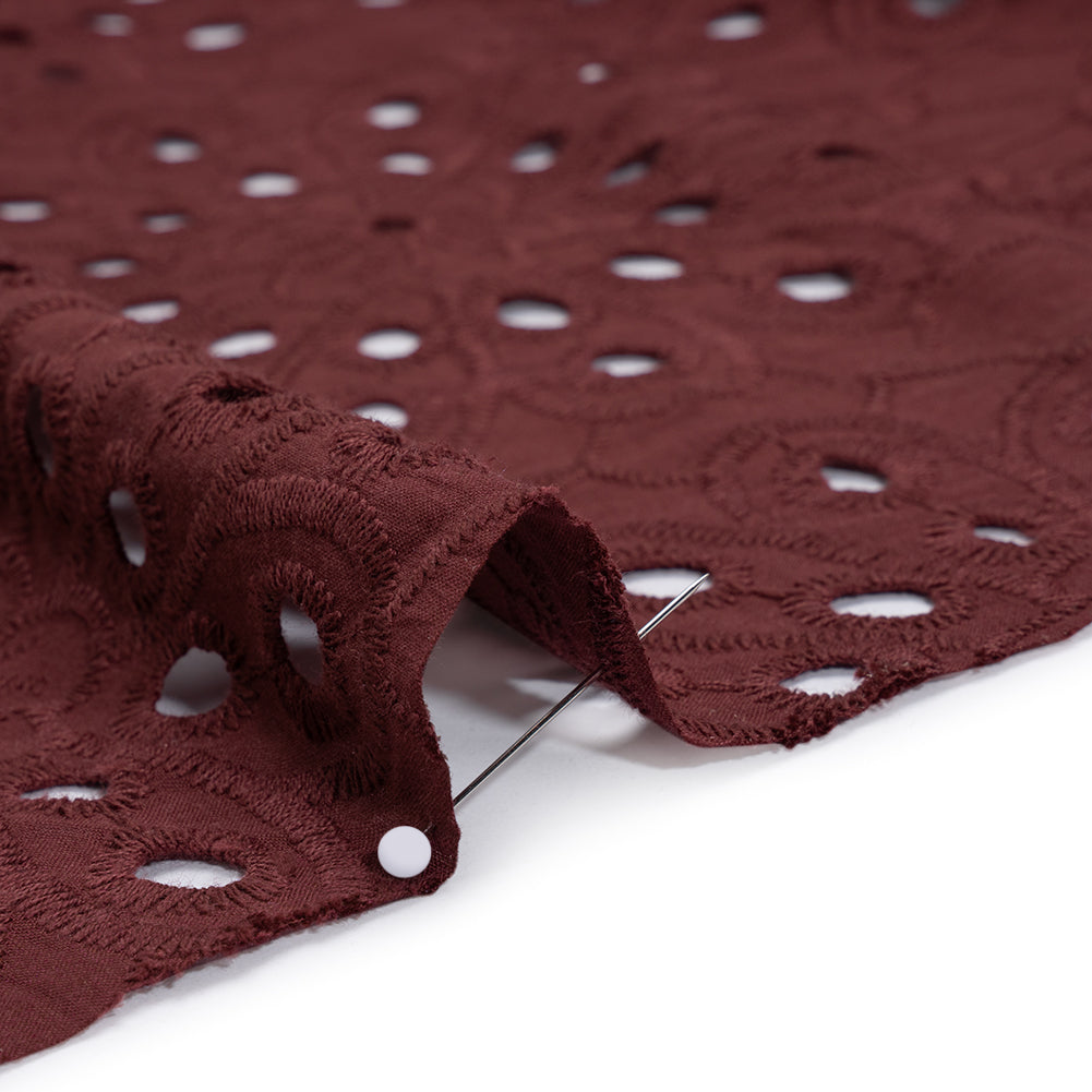 Cotton Embroidered Eyelet Voile - Sangria Red Floral - Designer Deadstock - Detail