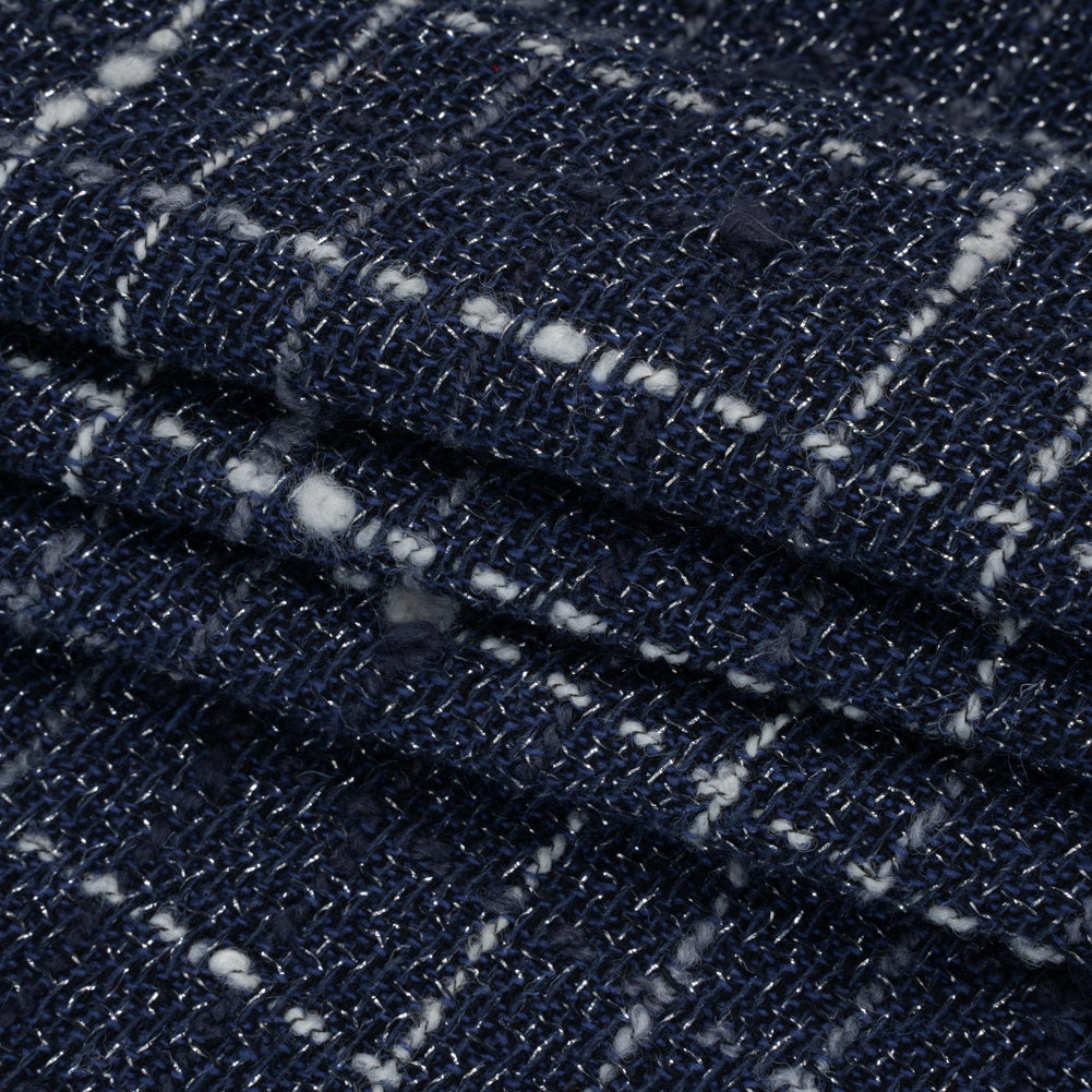 Metallic Wool Blend Tweedy Twill Boucle Made in Italy - Navy Blue, White and Silver Plaid - Deadstock