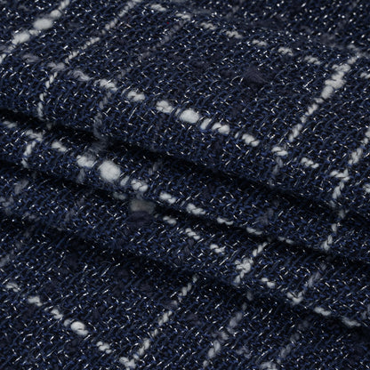 Metallic Wool Blend Tweedy Twill Boucle Made in Italy - Navy Blue, White and Silver Plaid - Deadstock
