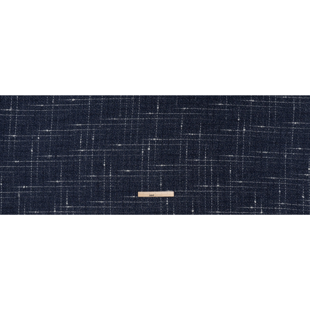Metallic Wool Blend Tweedy Twill Boucle Made in Italy - Navy Blue, White and Silver Plaid - Deadstock