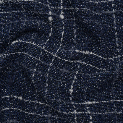Metallic Wool Blend Tweedy Twill Boucle Made in Italy - Navy Blue, White and Silver Plaid - Deadstock