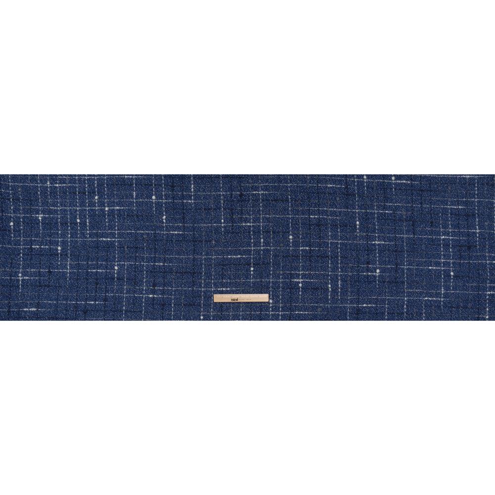 Metallic Wool Blend Tweedy Twill Boucle Made in Italy - Cobalt Blue, White and Silver Plaid - Deadstock