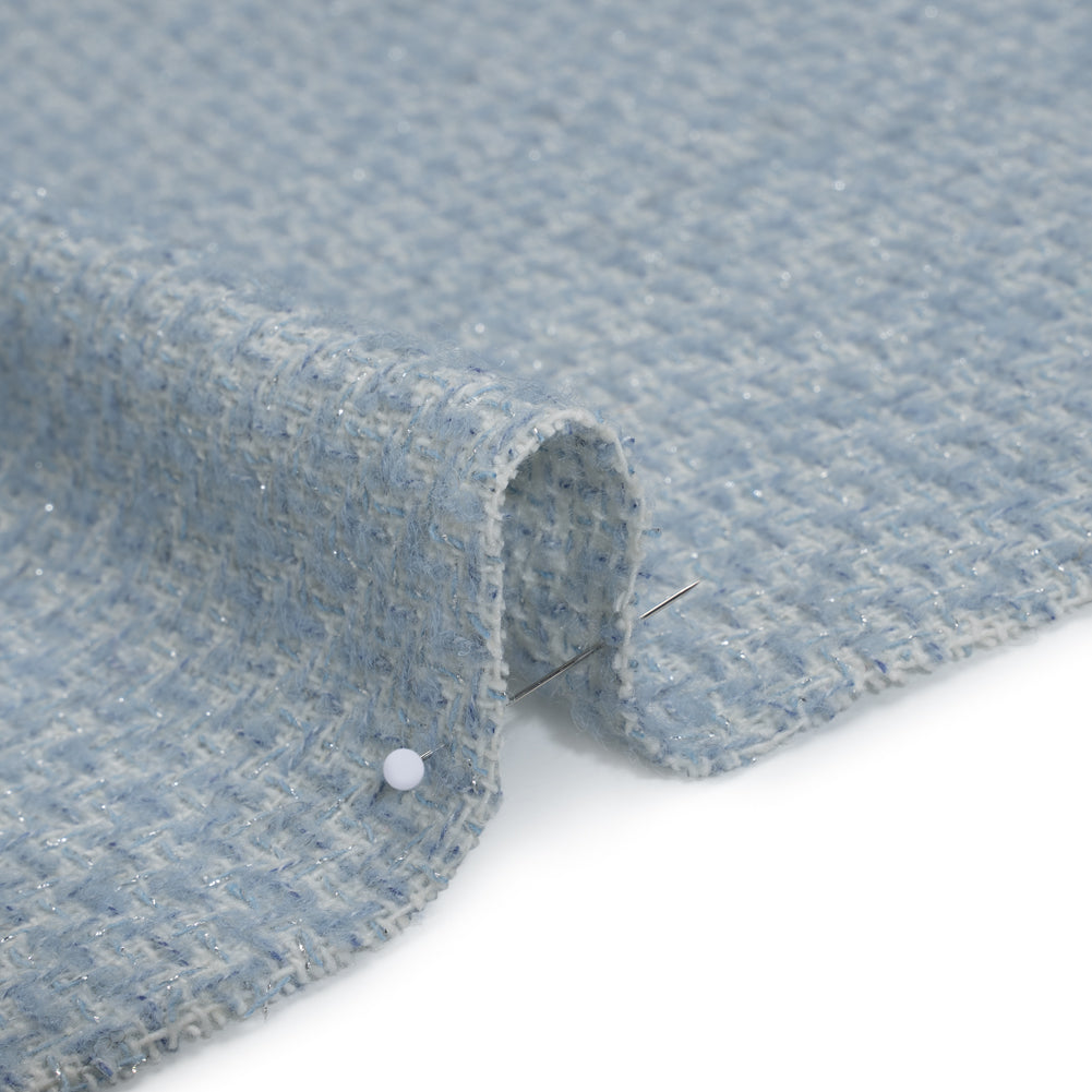Metallic Wool Blend Tweed Made in Italy - Sky Blue, White and Silver Heathered - Deadstock