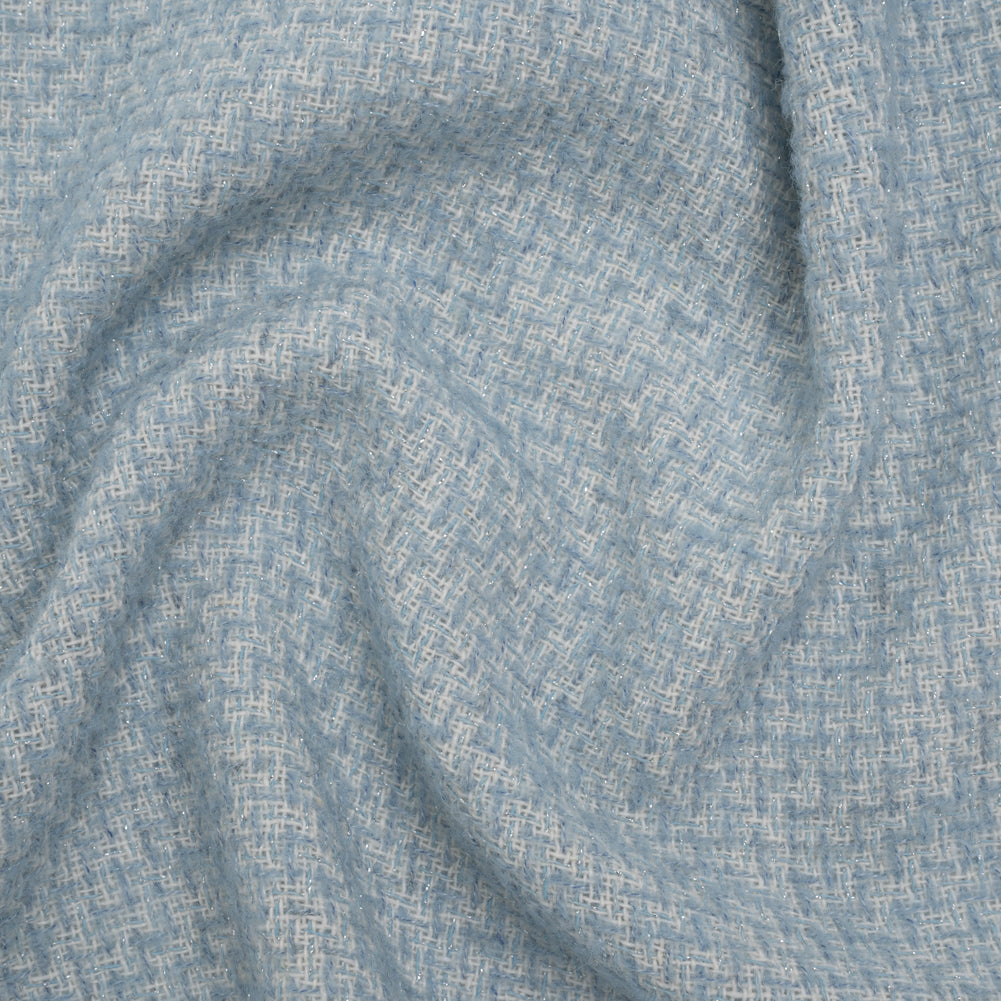 Metallic Wool Blend Tweed Made in Italy - Sky Blue, White and Silver Heathered - Deadstock
