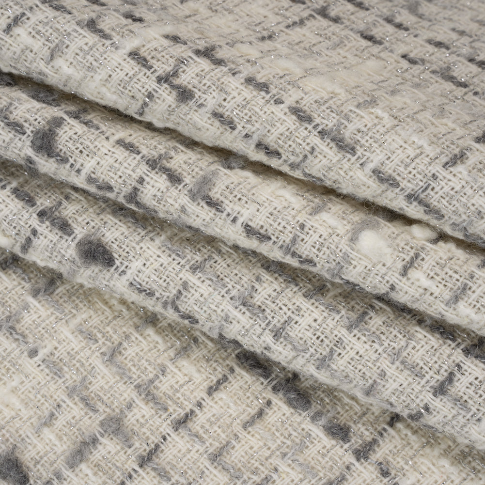 Metallic Wool Blend Boucle Tweed Made in Italy - Ivory, Gray and Silver Plaid - Deadstock
