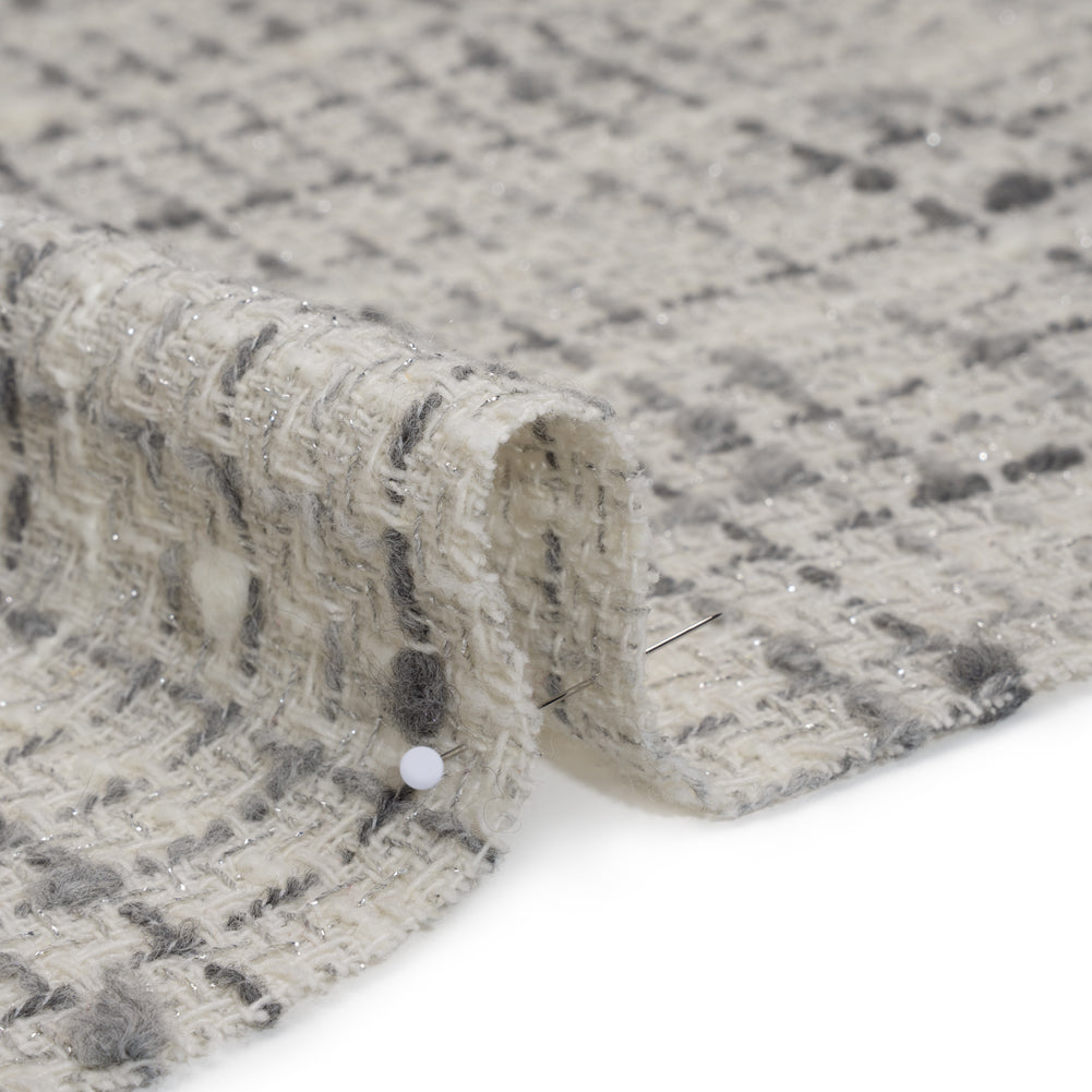 Metallic Wool Blend Boucle Tweed Made in Italy - Ivory, Gray and Silver Plaid - Deadstock