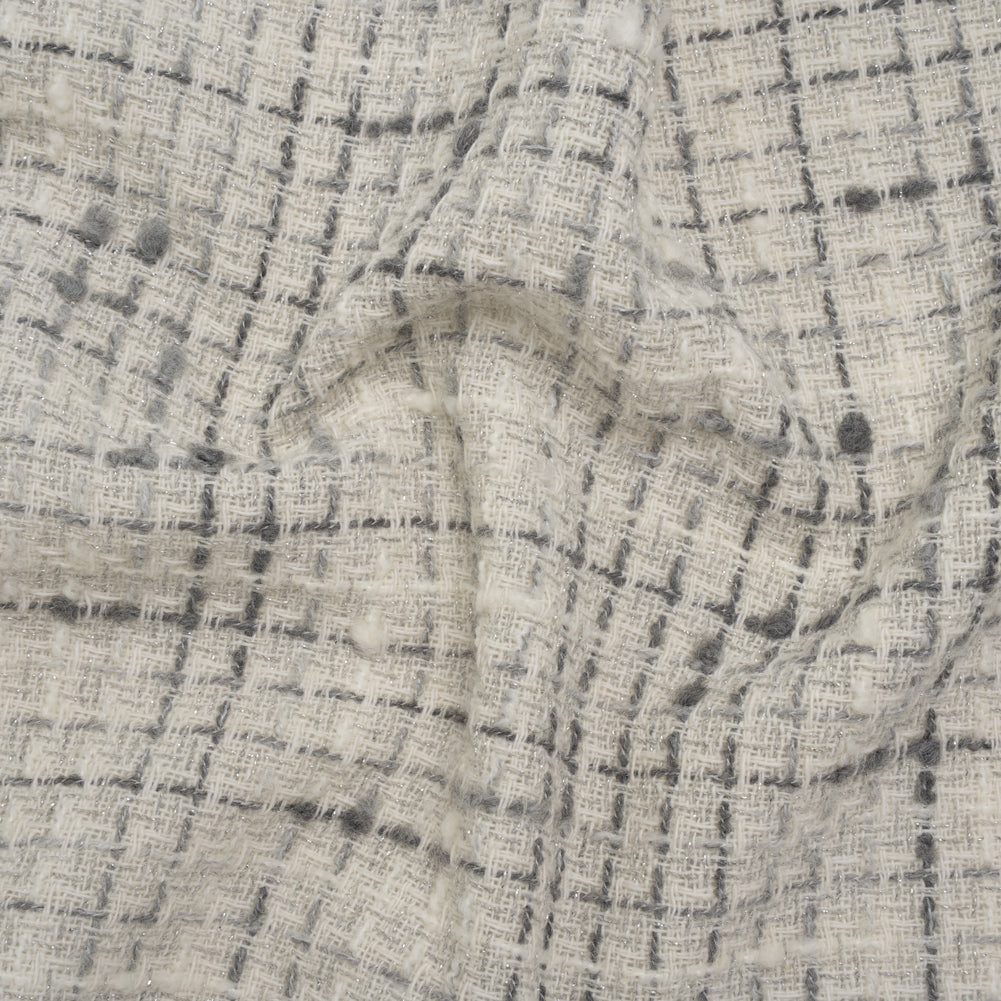 Metallic Wool Blend Boucle Tweed Made in Italy - Ivory, Gray and Silver Plaid - Deadstock