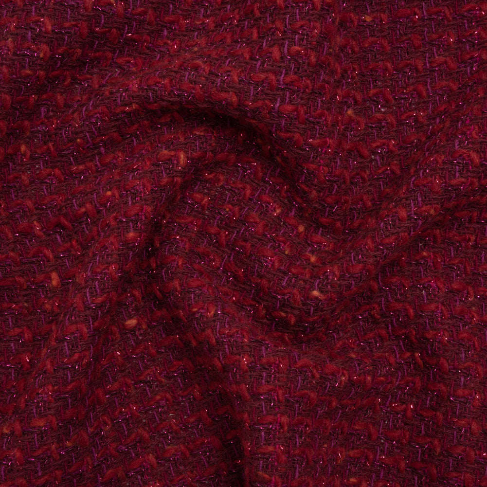 Metallic Wool Blend Tweed Twill Made in Italy - Dark Cherry and Fuchsia Mottled - Deadstock