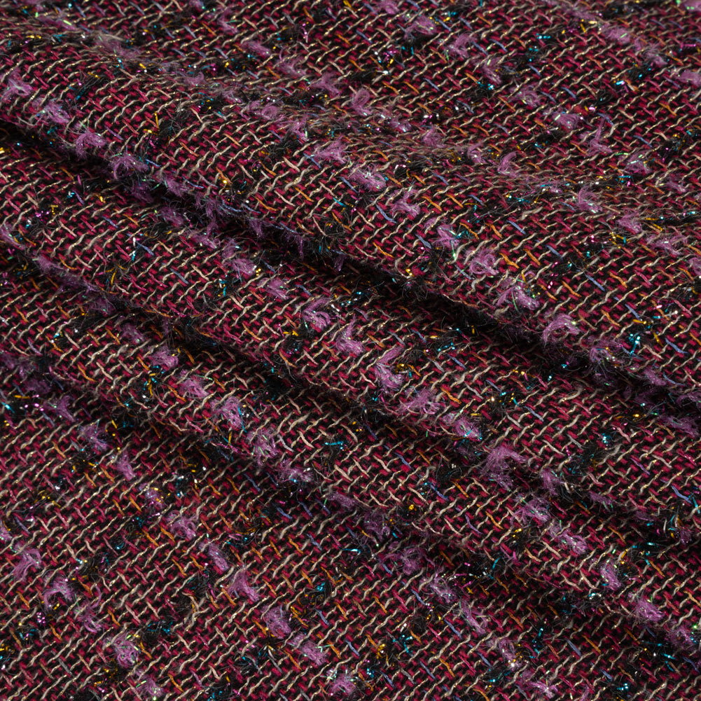 Metallic Wool Blend Tweed Woven with Eyelash Fringe Made in Italy - Purple, Black and Pink Checks - Deadstock