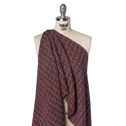 Metallic Wool Blend Tweed Woven with Eyelash Fringe Made in Italy - Purple, Black and Pink Checks - Deadstock
