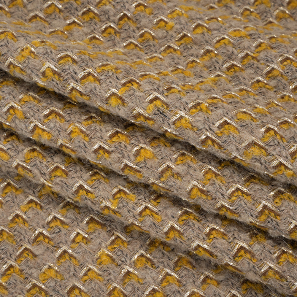 Metallic Wool Blend Tweed Twill Made in Italy - Beige, Yellow Ochre and Gold Zig Zags - Deadstock