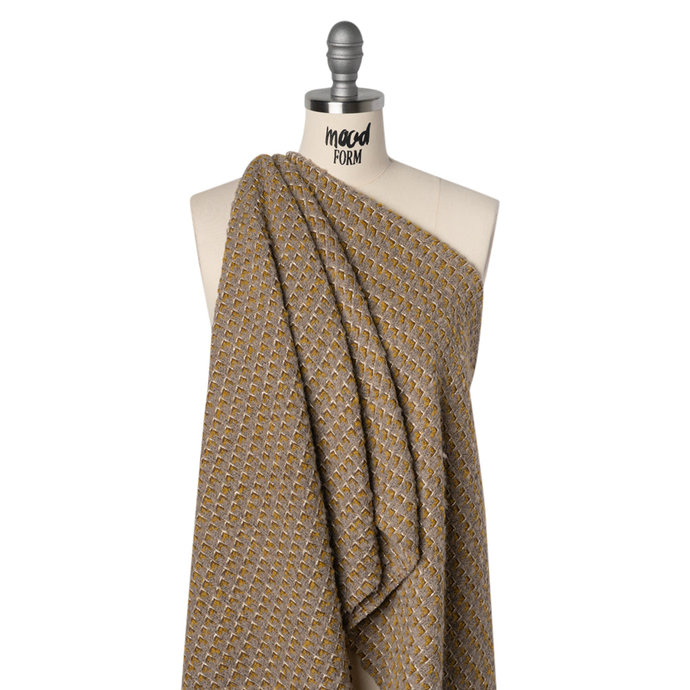 Metallic Wool Blend Tweed Twill Made in Italy - Beige, Yellow Ochre and Gold Zig Zags - Deadstock