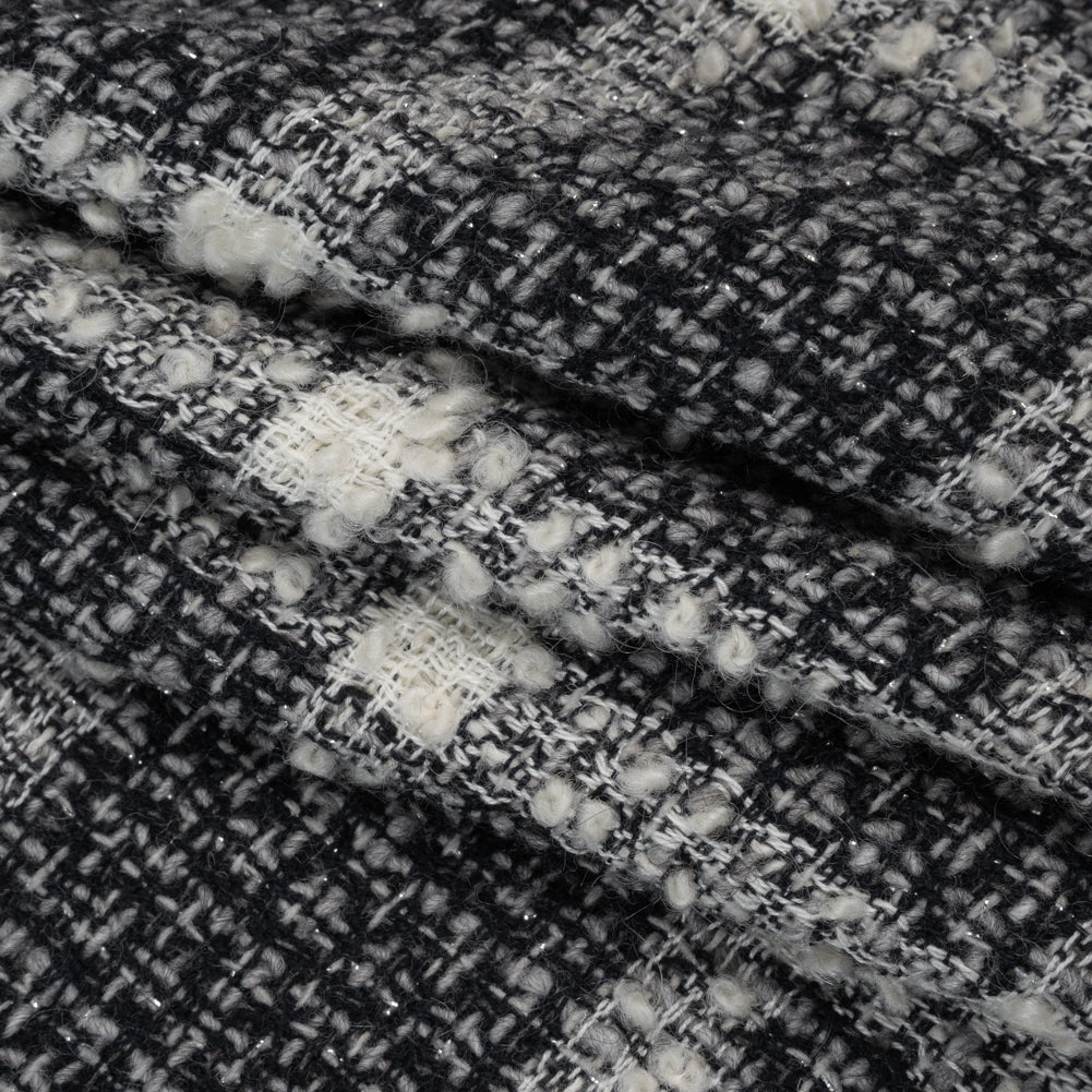 Metallic Wool Blend Tweedy Boucle Made in Italy - Black, Gray and Ivory Windowpane Checks - Deadstock