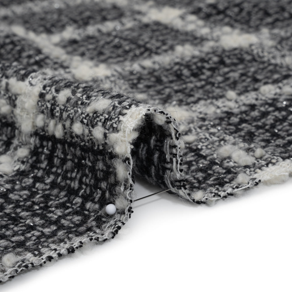 Metallic Wool Blend Tweedy Boucle Made in Italy - Black, Gray and Ivory Windowpane Checks - Deadstock