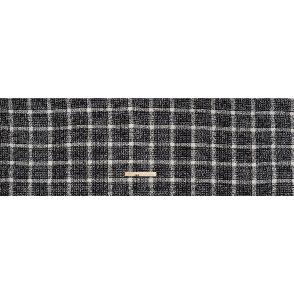 Metallic Wool Blend Tweedy Boucle Made in Italy - Black, Gray and Ivory Windowpane Checks - Deadstock