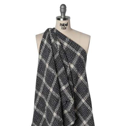 Metallic Wool Blend Tweedy Boucle Made in Italy - Black, Gray and Ivory Windowpane Checks - Deadstock