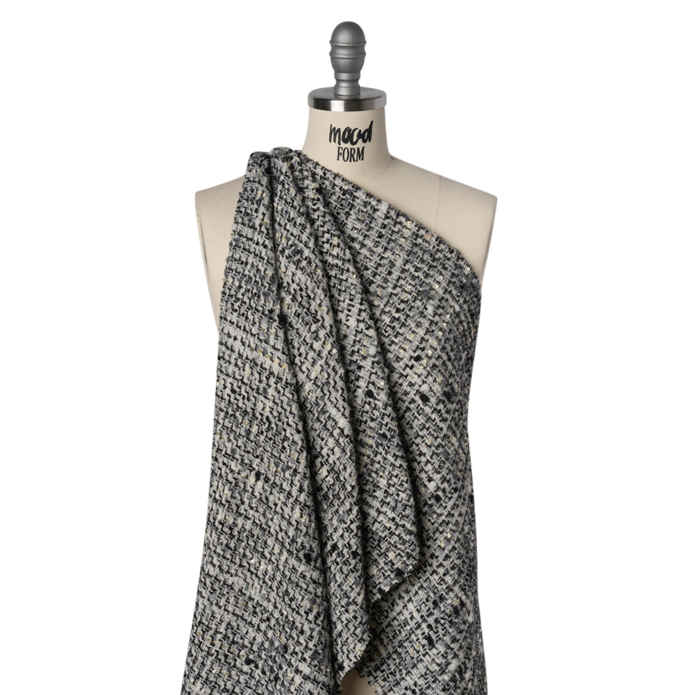 Wool Blend Boucle Tweed with Metallic Eyelash Fringe Made in Italy - Black, White and Gray Plaid - Deadstock
