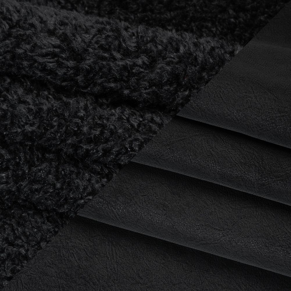 Recycled Polyester Faux Shearling with Antiqued Leather Backing - Black Folded