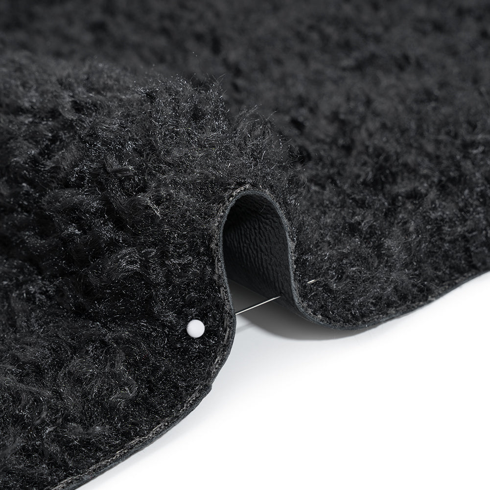 Recycled Polyester Faux Shearling with Antiqued Leather Backing - Black Detail
