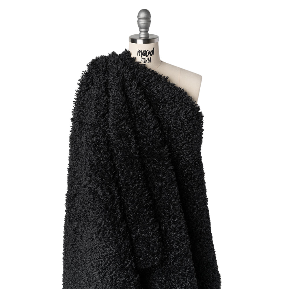 Recycled Polyester Faux Shearling with Antiqued Leather Backing - Black Drape