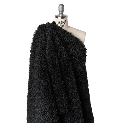 Recycled Polyester Faux Shearling with Antiqued Leather Backing - Black Drape