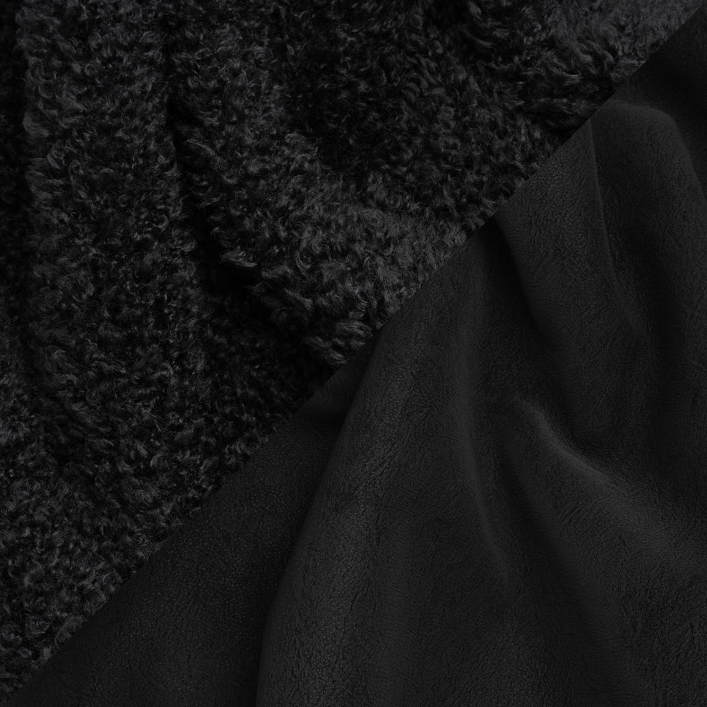 Recycled Polyester Faux Shearling with Antiqued Leather Backing - Black
