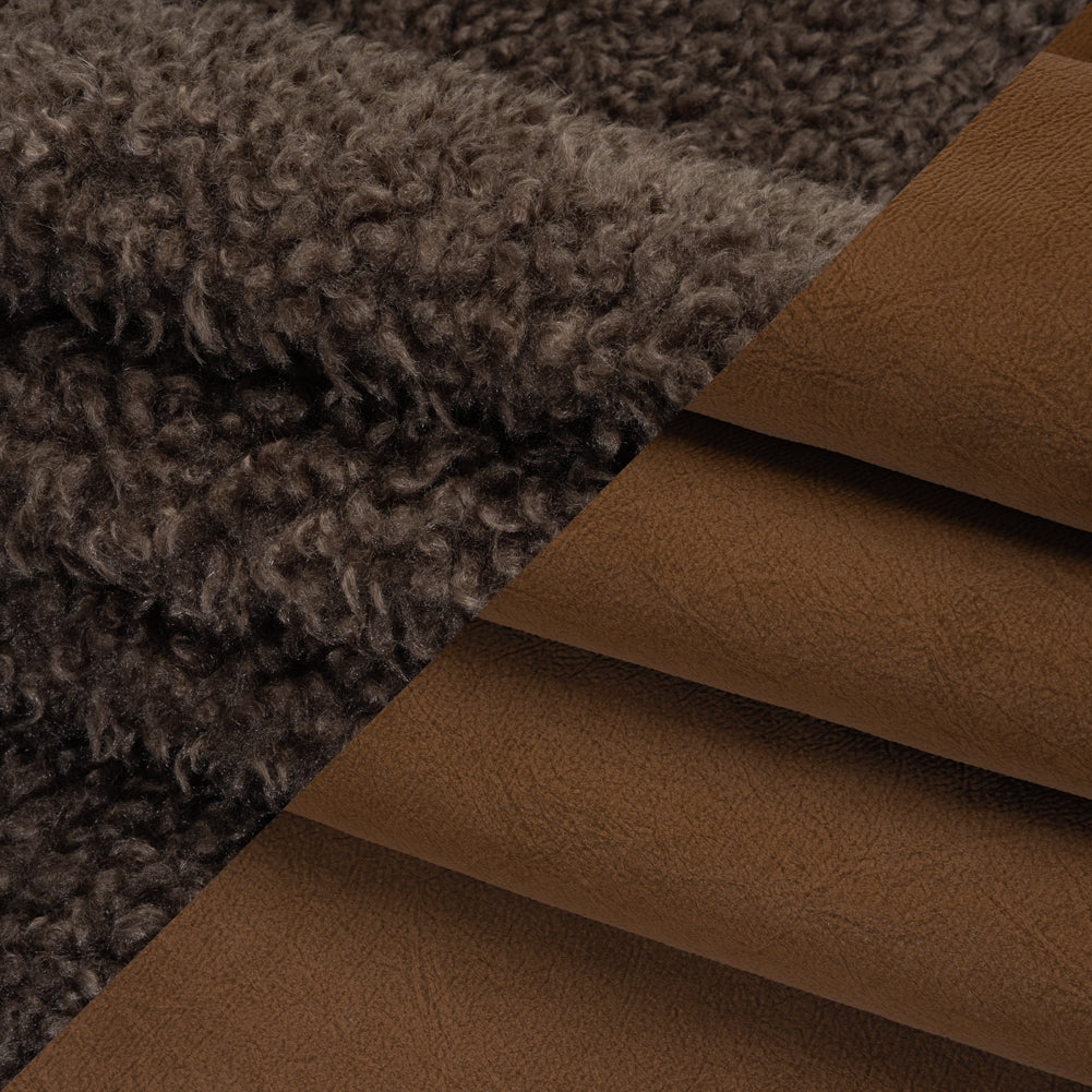 Recycled Polyester Faux Shearling with Antiqued Leather Backing - Dark Brown Folded